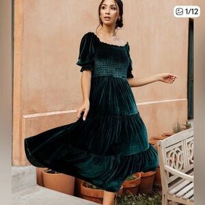 NWT Baltic Born Vivaldi Smocked Velvet Midi Dress Dark Green XS